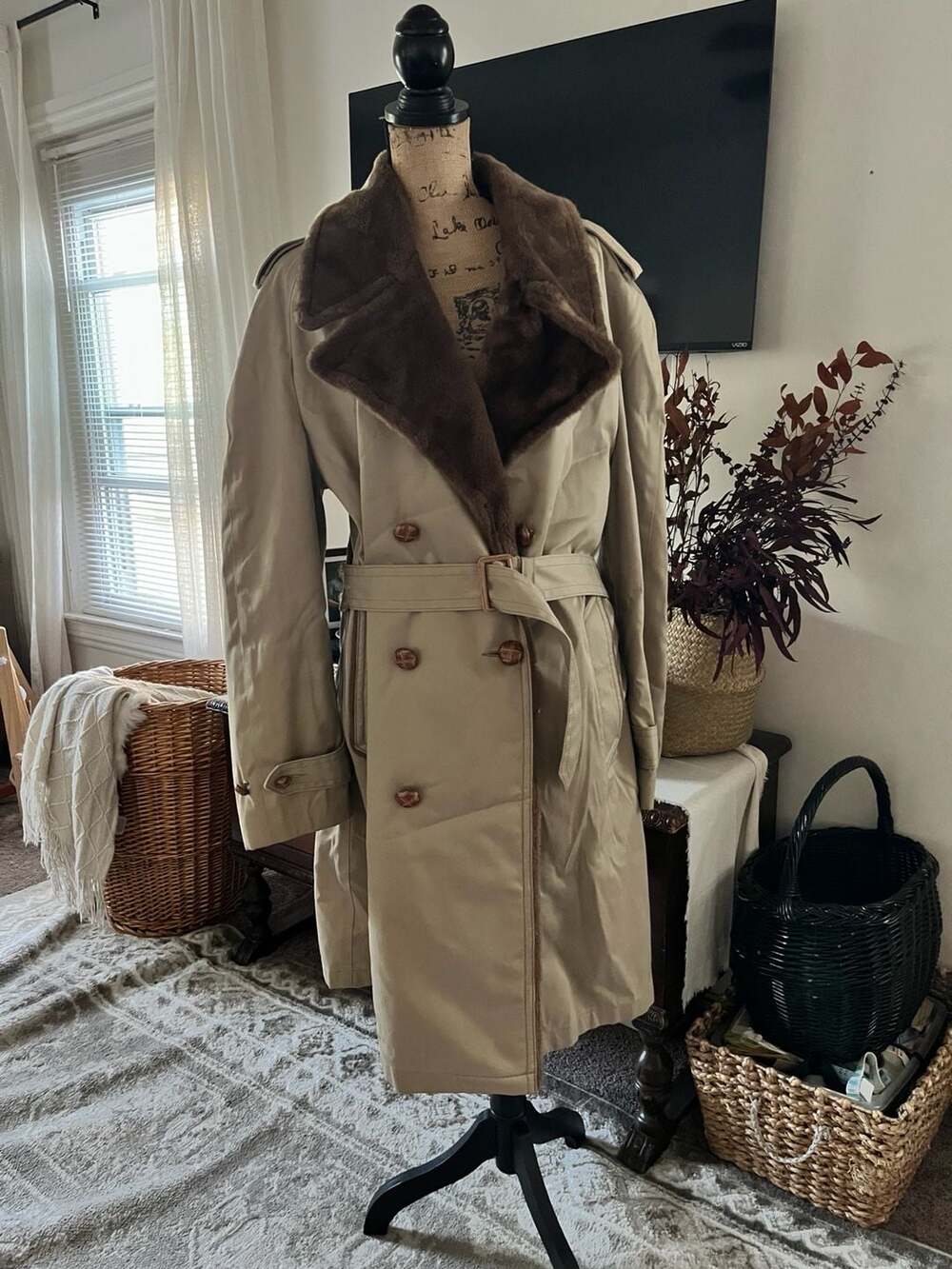 Vintage Mighty Mac Trench Coat Tan Mouton Fur Collar Belted Double Breasted